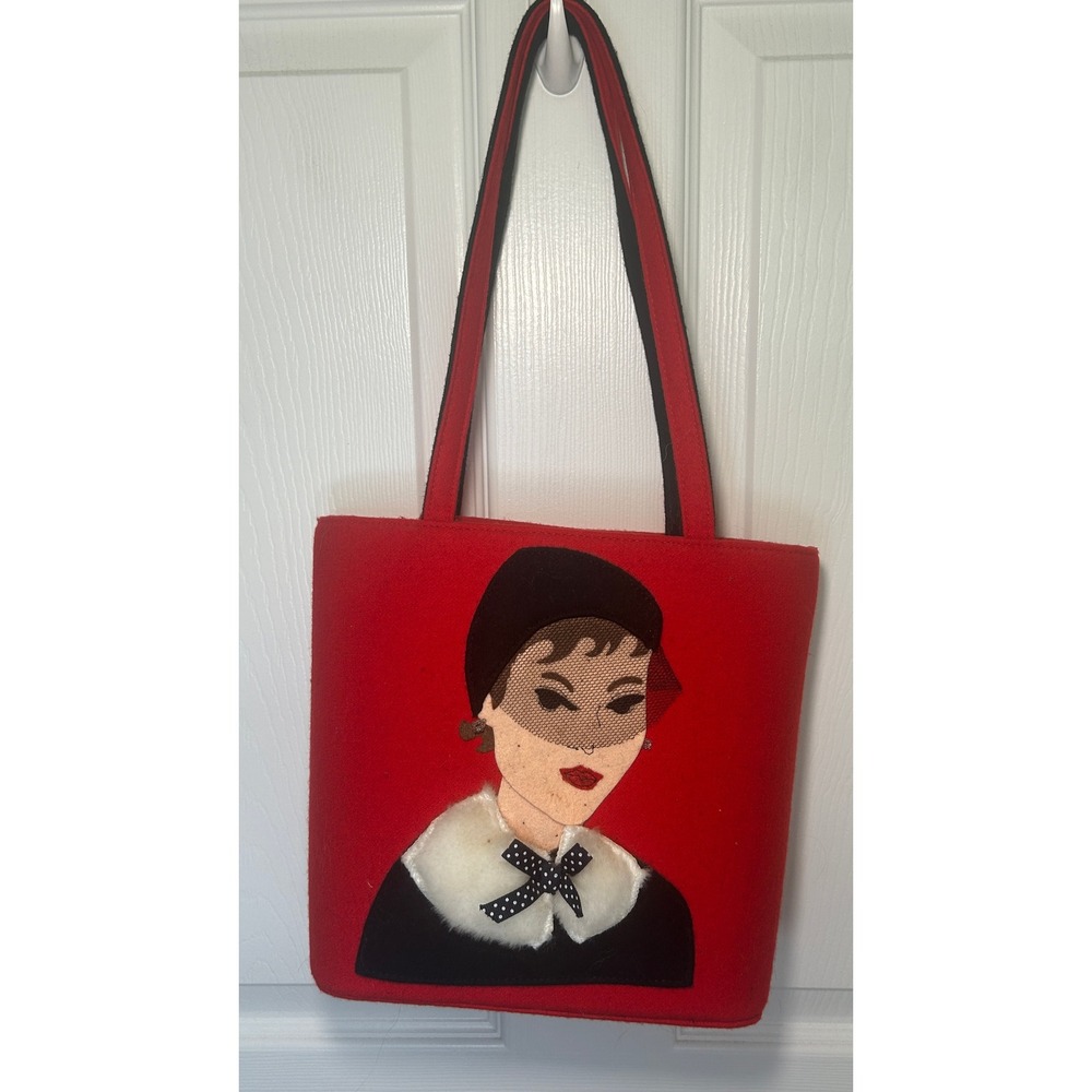 Handmade Red Felt Pinup Girl Tote Bag Retro Folk Art Applique Purse